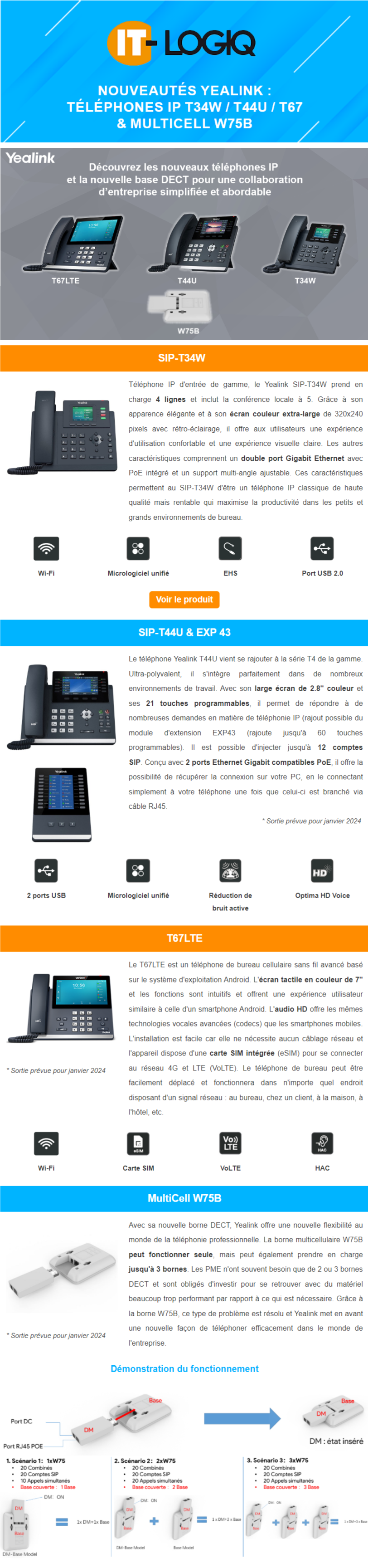 Présentation nouveautés Yealink : Téléphones IP T34W / T44U / T67LTE et MultiCell W75B